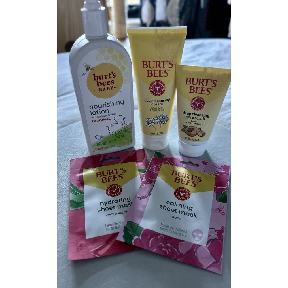 BUNDLE Burts Bees Full Size Pore Scrub, Deep Cleansing Cream, Lotion, 2 Masks